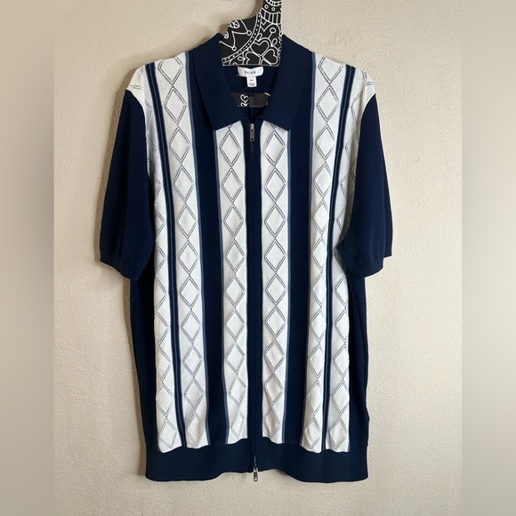 Reiss Navy and White Striped Full Zip Polo - Picture 3 of 8